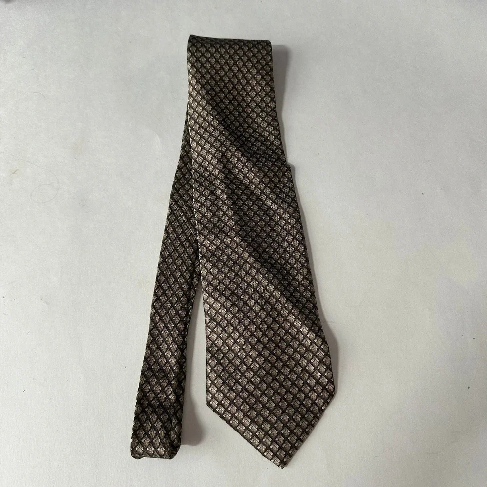 Stafford Executive Mens Silk Tie Bronze Gold Navy Geometric Grid Made in Italy